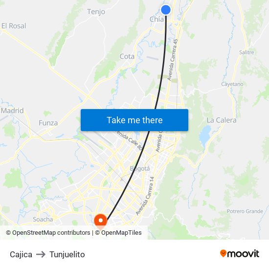 Cajica to Tunjuelito map