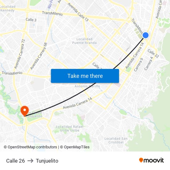 Calle 26 to Tunjuelito map