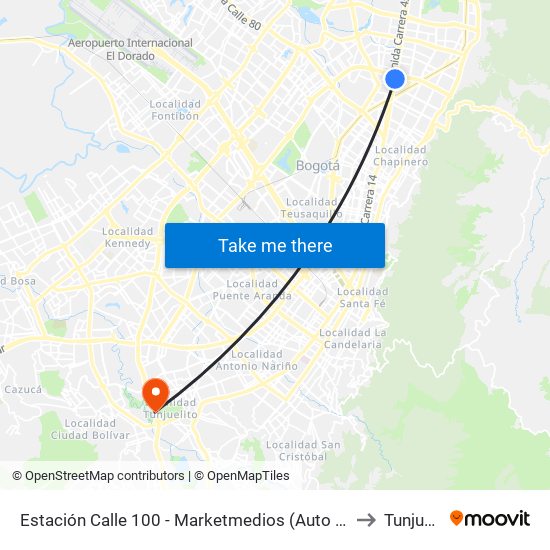 Estación Calle 100 - Marketmedios (Auto Norte - Cl 98) to Tunjuelito map