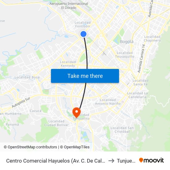 Centro Comercial Hayuelos (Av. C. De Cali - Cl 20) to Tunjuelito map
