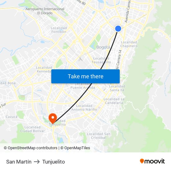 San Martín to Tunjuelito map