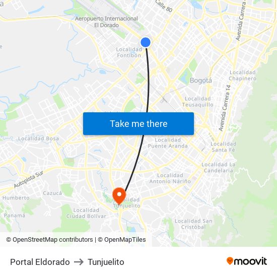 Portal Eldorado to Tunjuelito map