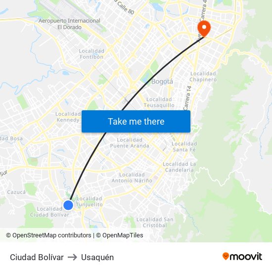 Ciudad Bolívar to Usaquén map