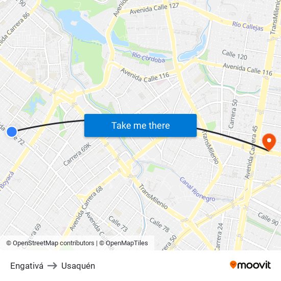 Engativá to Usaquén map