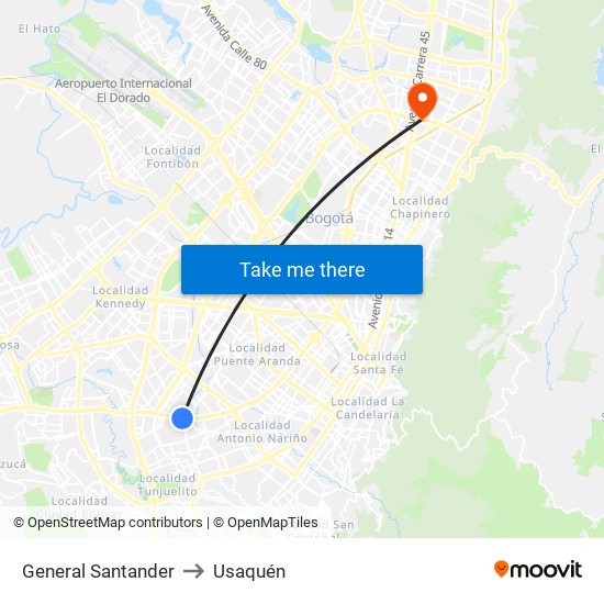 General Santander to Usaquén map