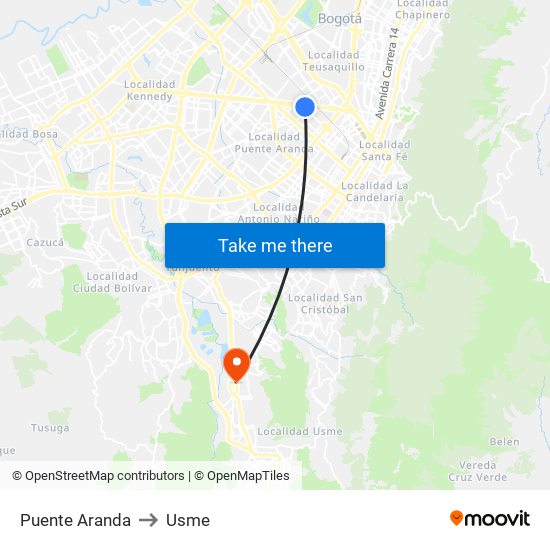 Puente Aranda to Usme map