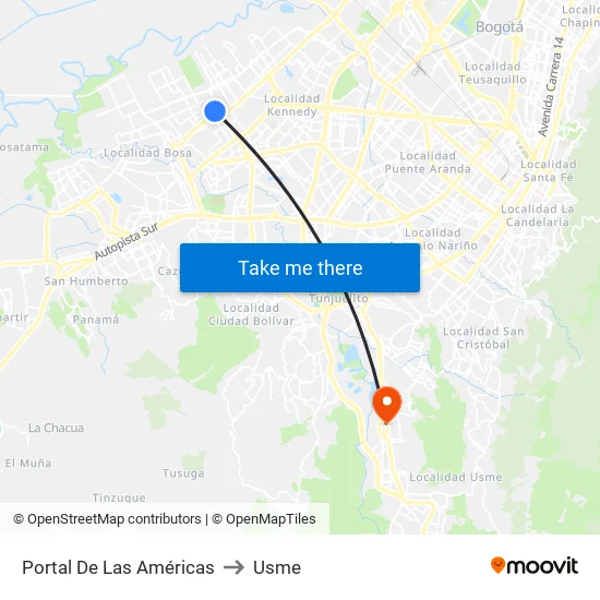 Portal De Las Américas to Usme map