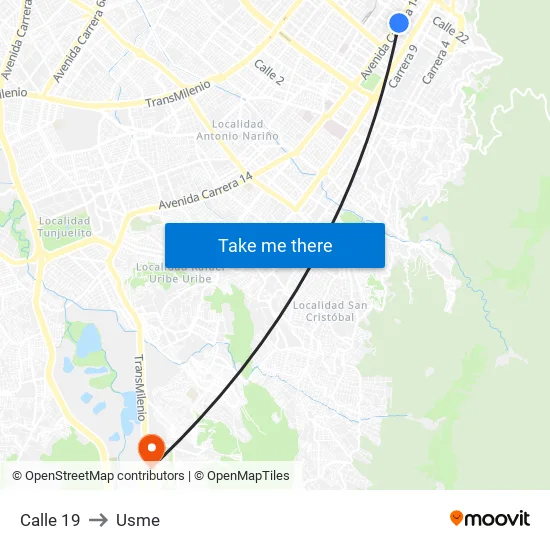 Calle 19 to Usme map