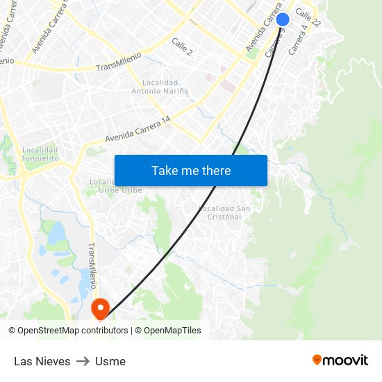 Las Nieves to Usme map