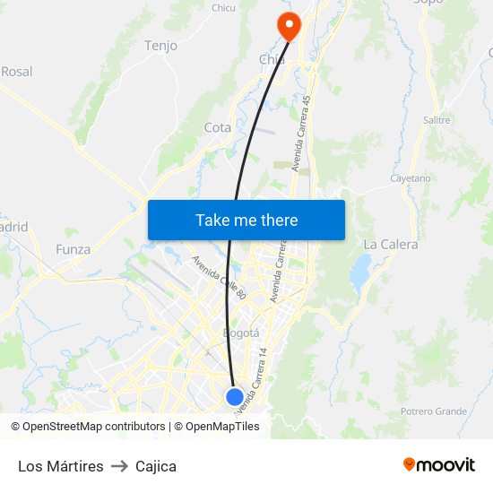 Los Mártires to Cajica map