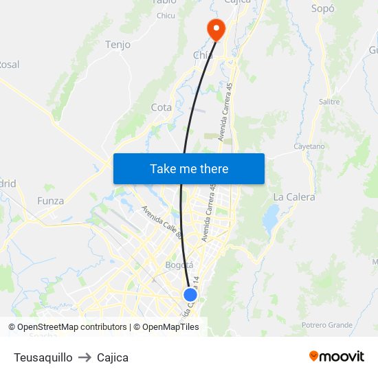 Teusaquillo to Cajica map