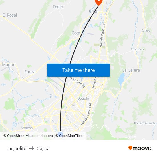 Tunjuelito to Cajica map