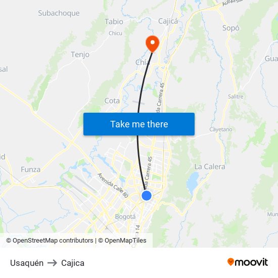 Usaquén to Cajica map