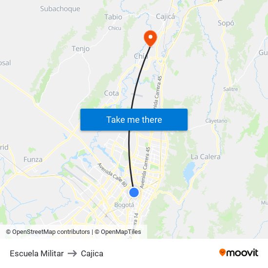 Escuela Militar to Cajica map