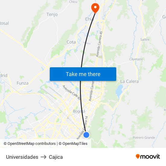 Universidades to Cajica map