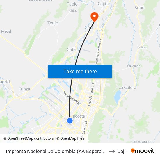 Imprenta Nacional De Colombia (Av. Esperanza - Kr 66) to Cajica map