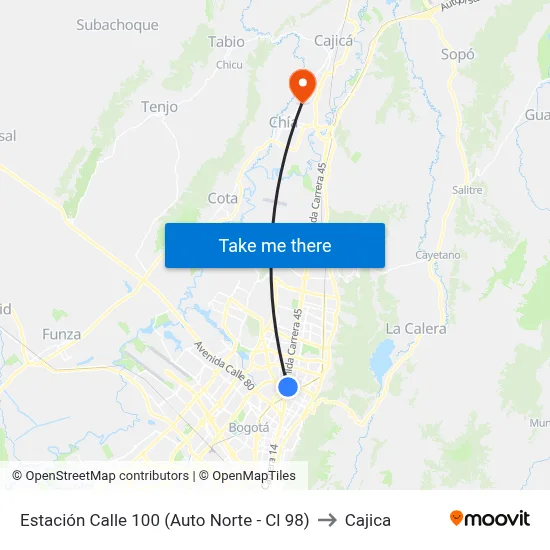 Estación Calle 100 (Auto Norte - Cl 98) to Cajica map