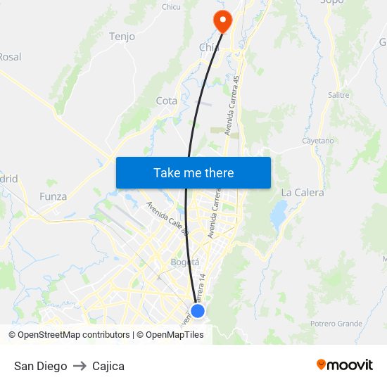 San Diego to Cajica map