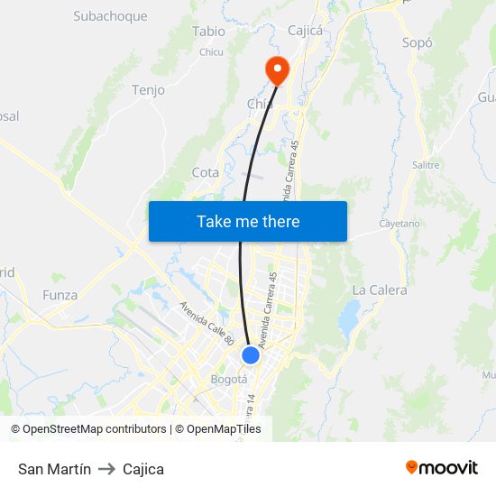 San Martín to Cajica map