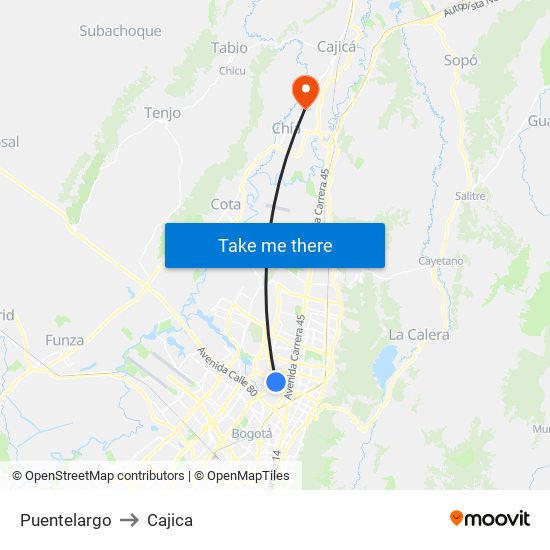 Puentelargo to Cajica map