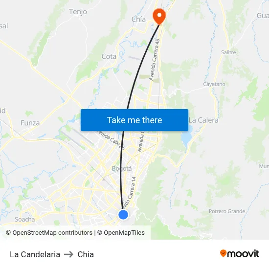 La Candelaria to Chia map