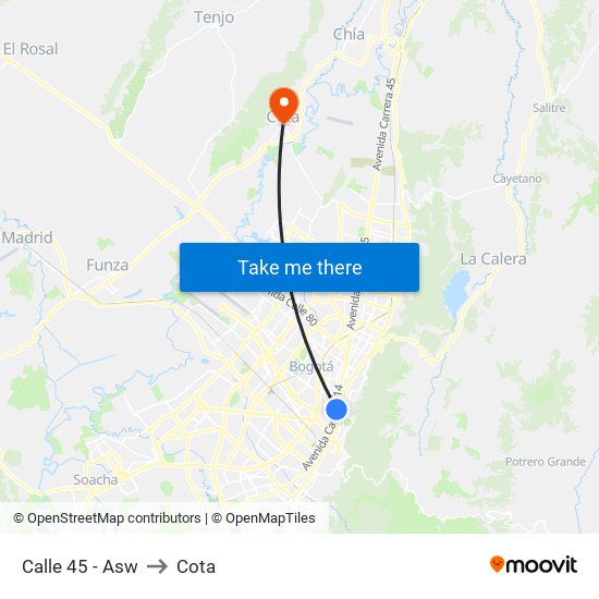 Calle 45 - Asw to Cota map