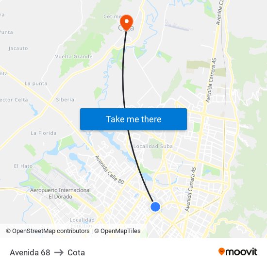 Avenida 68 to Cota map