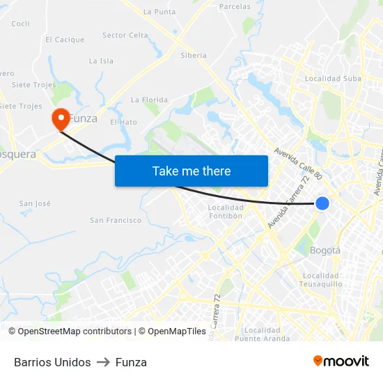 Barrios Unidos to Funza map