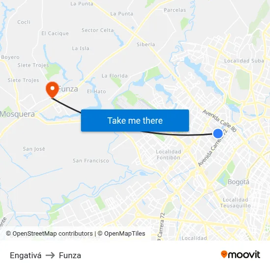 Engativá to Funza map