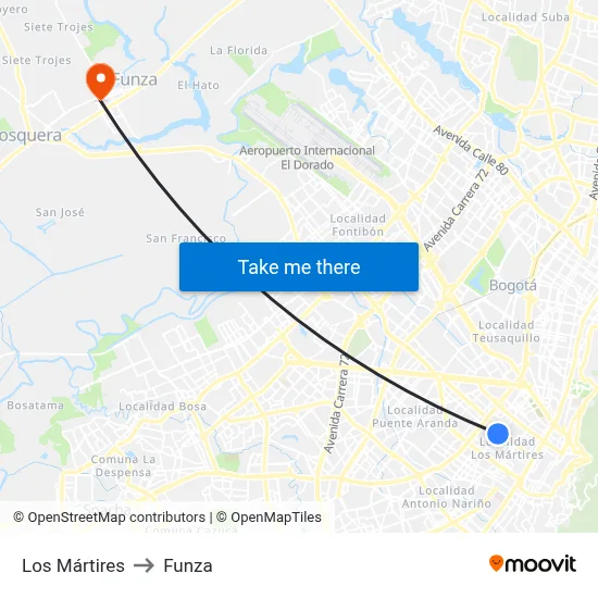 Los Mártires to Funza map