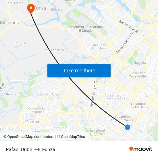 Rafael Uribe to Funza map