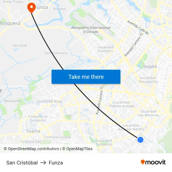 San Cristóbal to Funza map
