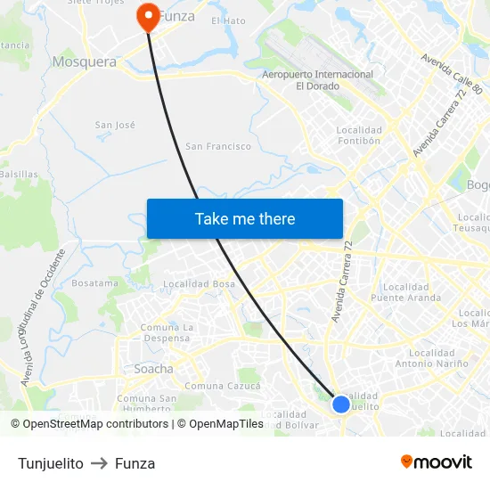Tunjuelito to Funza map