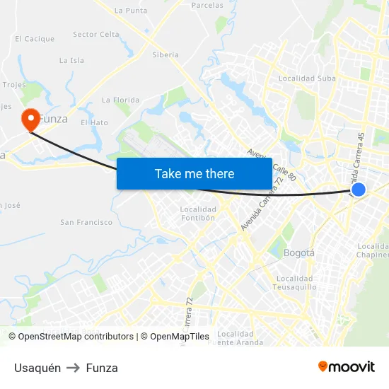 Usaquén to Funza map