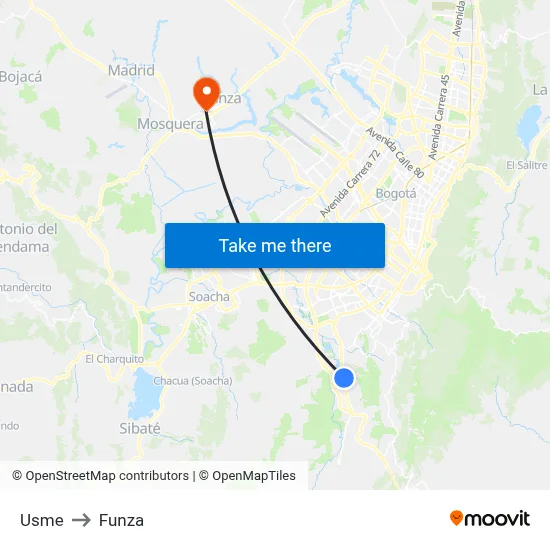 Usme to Funza map