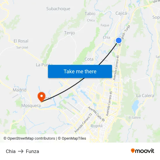 Chia to Funza map
