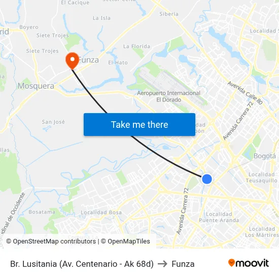 Br. Lusitania (Av. Centenario - Ak 68d) to Funza map