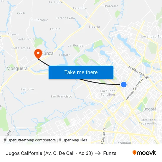 Jugos California (Av. C. De Cali - Ac 63) to Funza map