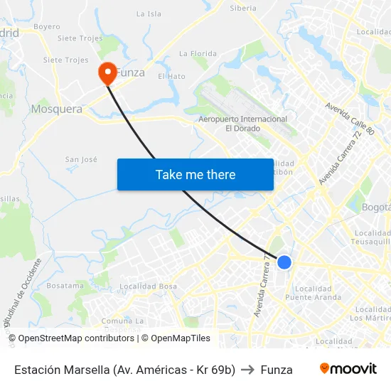 Estación Marsella (Av. Américas - Kr 69b) to Funza map