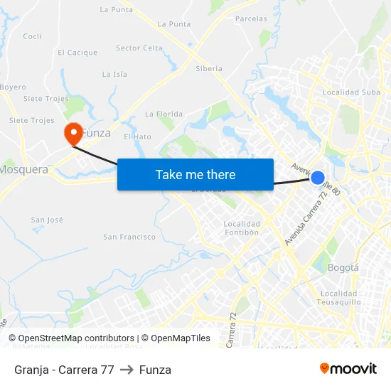 Granja - Carrera 77 to Funza map