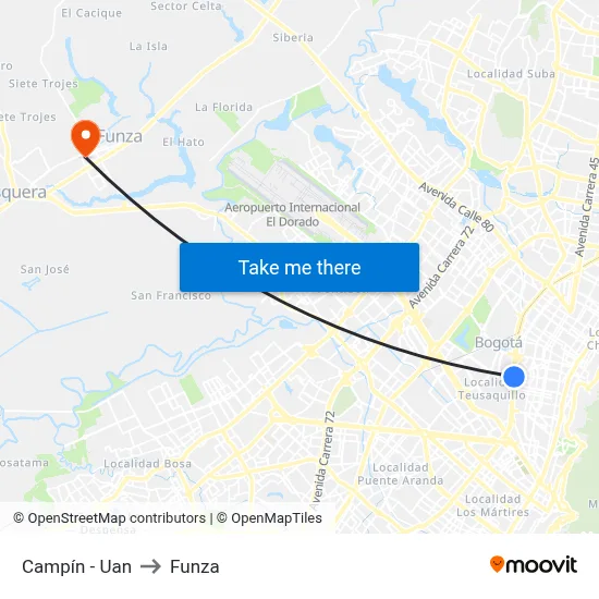 Campín - Uan to Funza map
