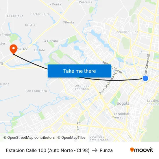 Estación Calle 100 (Auto Norte - Cl 98) to Funza map
