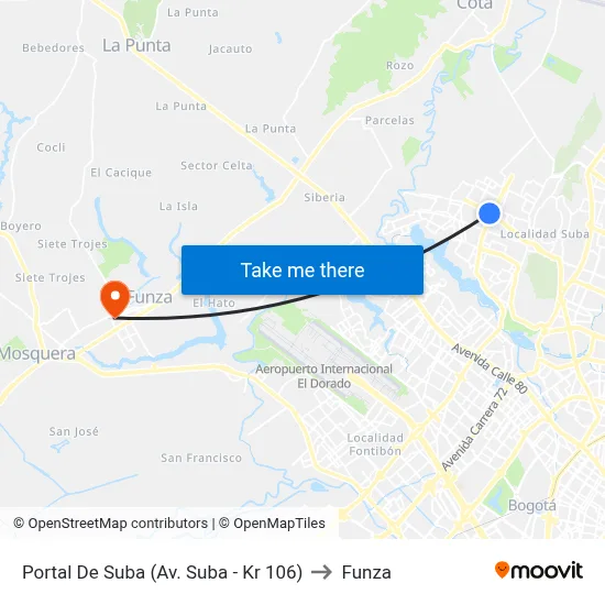 Portal De Suba (Av. Suba - Kr 106) to Funza map