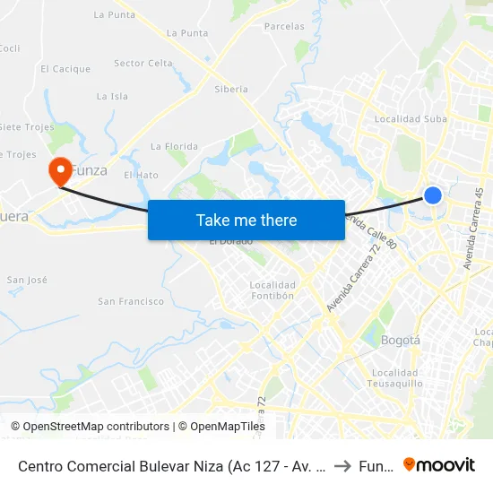 Centro Comercial Bulevar Niza (Ac 127 - Av. Suba) to Funza map