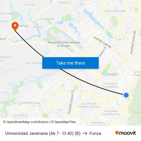 Universidad Javeriana (Ak 7 - Cl 40) (B) to Funza map