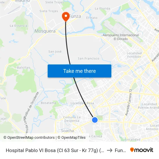 Hospital Pablo VI Bosa (Cl 63 Sur - Kr 77g) (A) to Funza map