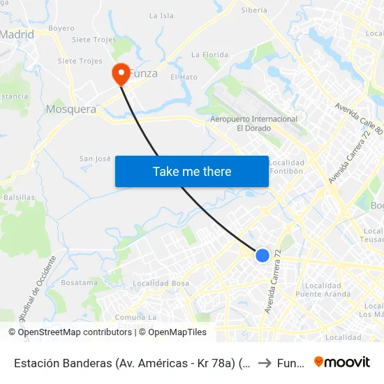 Estación Banderas (Av. Américas - Kr 78a) (A) to Funza map