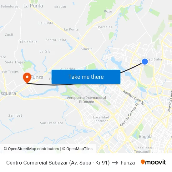 Centro Comercial Subazar (Av. Suba - Kr 91) to Funza map