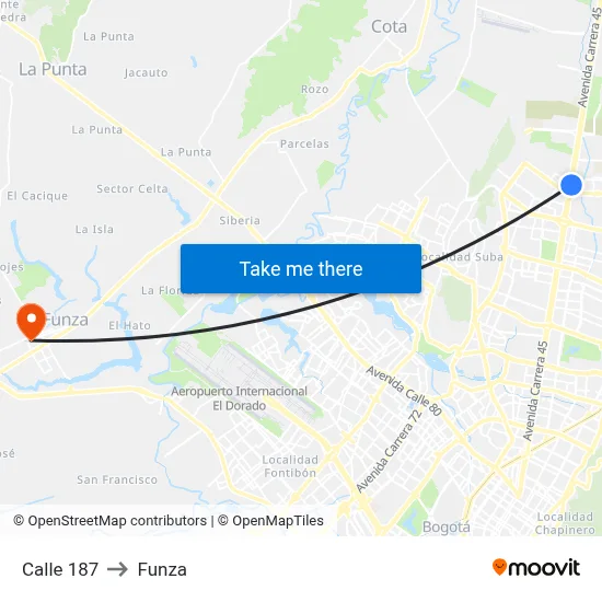 Calle 187 to Funza map