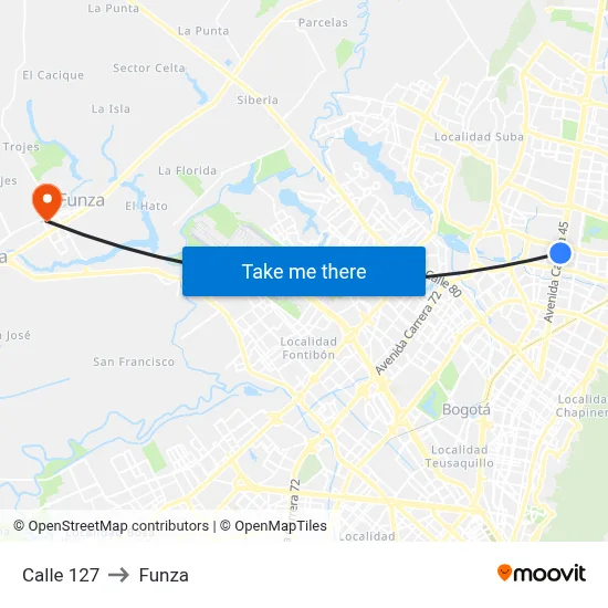 Calle 127 to Funza map